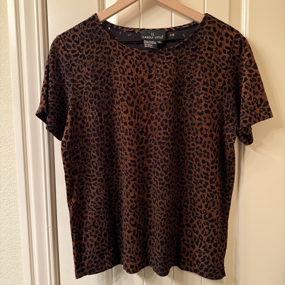 Vintage 90s Carole Little Leopard Animal Print Top XL Sheer Knit Short Sleeve - Picture 5 of 6